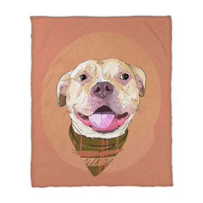 A fleece blanket featuring a custom illustrated dog portrait of a smiling tan dog wearing a plaid bandana set against a subtle textured orange circular background printed on the blanket, shown on a clean white background. 