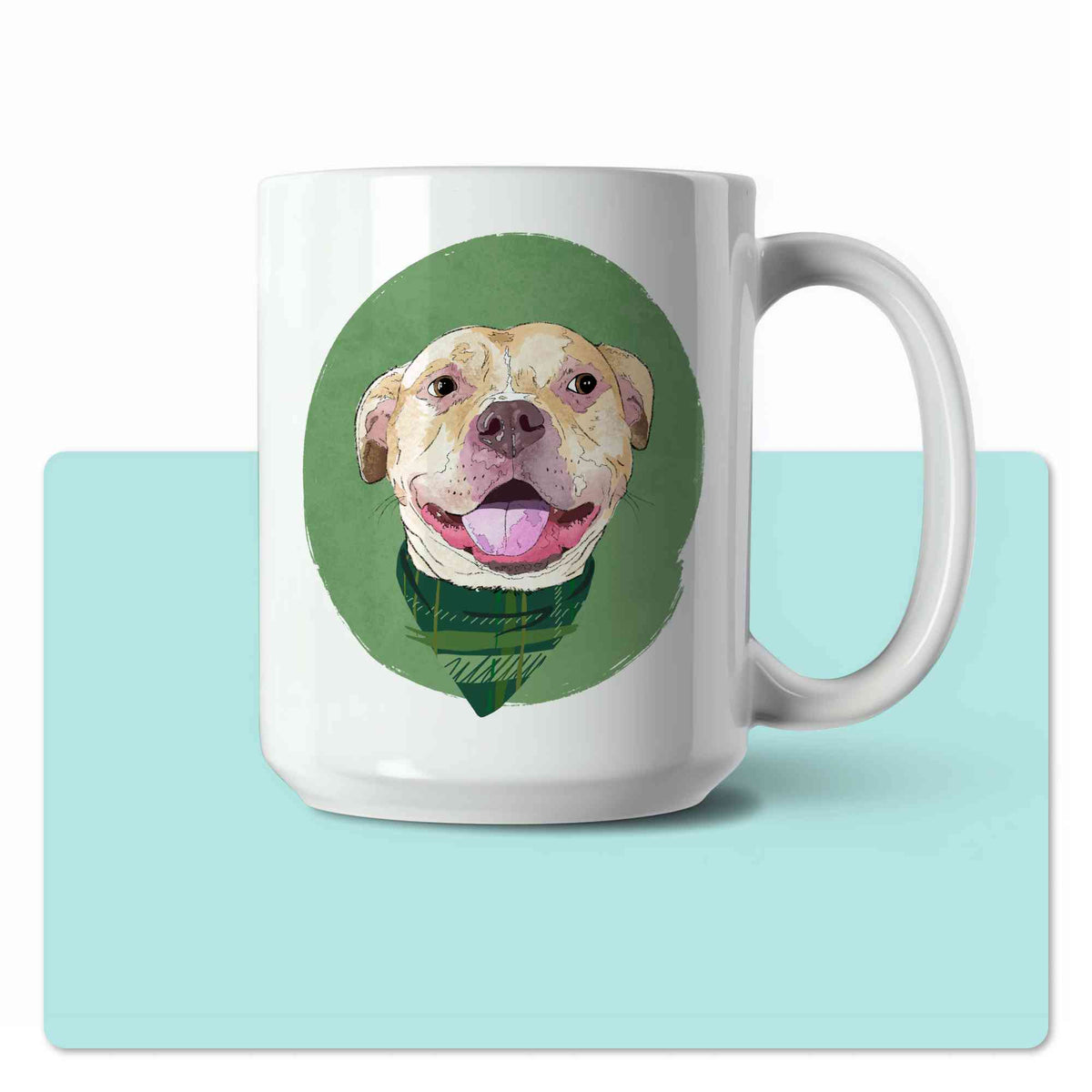 A white ceramic coffee mug featuring a custom illustrated dog portrait of a smiling tan dog wearing a plaid bandana set against a subtle textured green circular background printed on the side of the mug, shown centered over a large light aqua rectangular shape on a white background.