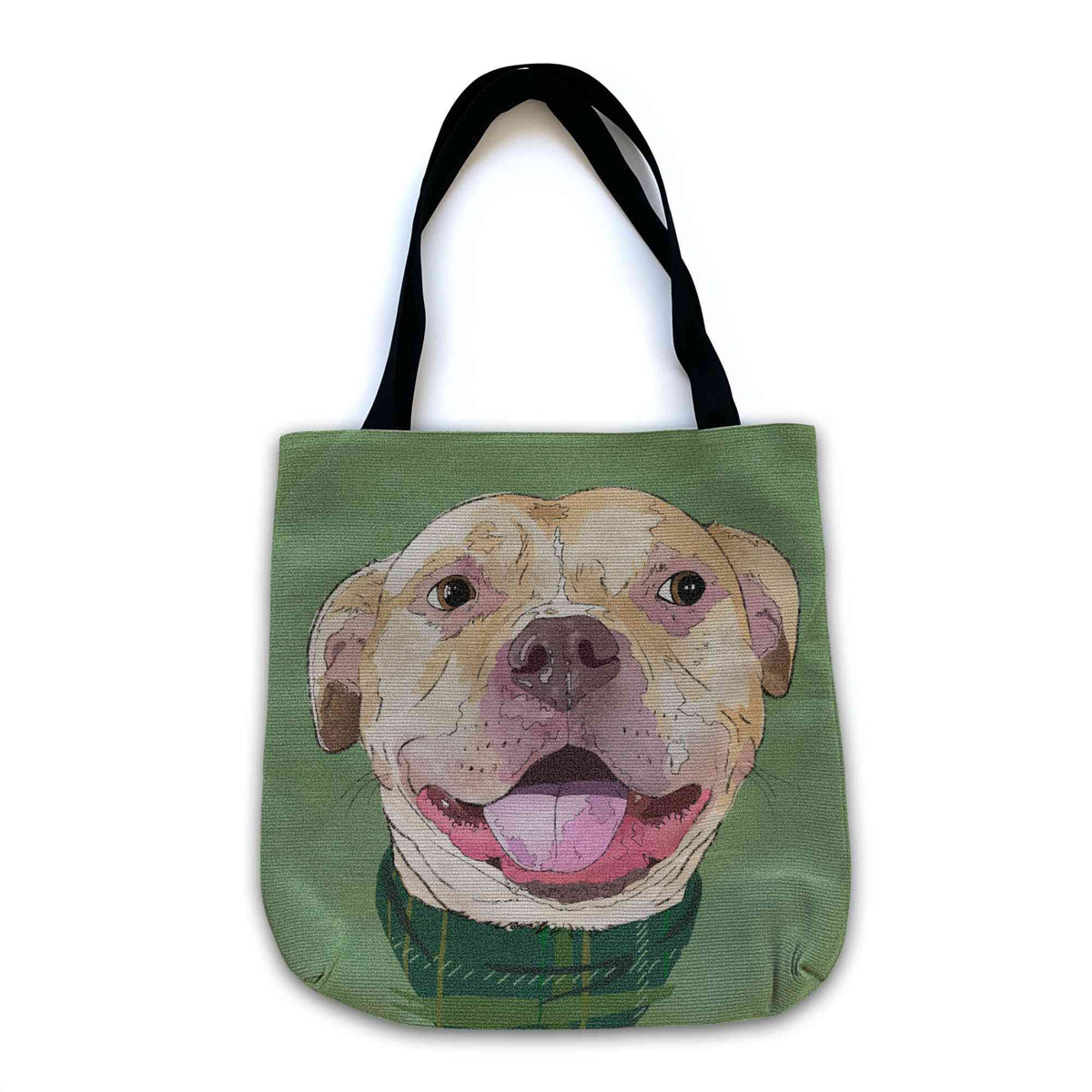 A woven tote bag with black shoulder straps featuring a custom illustrated dog portrait of a smiling tan dog wearing a plaid bandana set against a subtle textured green background printed on the side of the bag, shown on a clean white background.