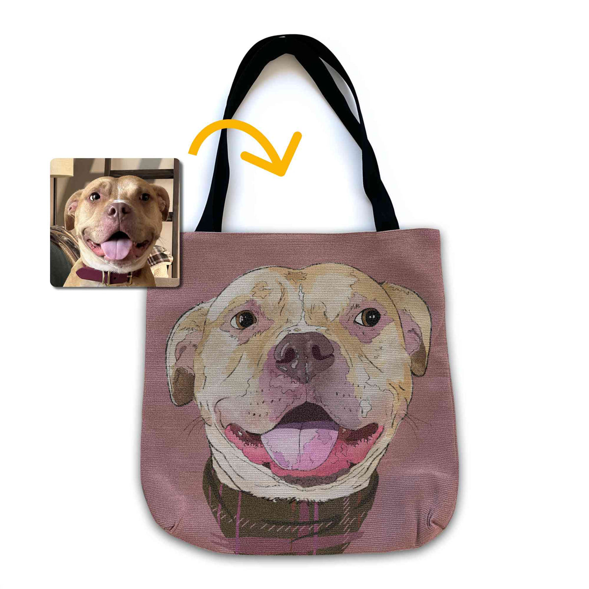 A woven tote bag with black shoulder straps featuring a custom illustrated dog portrait of a smiling tan dog wearing a plaid bandana set against a subtle textured dusty rose background printed on the side of the bag, shown on a clean white background. A small inset photo of the dog appears in the upper left with a yellow arrow pointing to the bag design, indicating the custom design was drawn from the photo.
