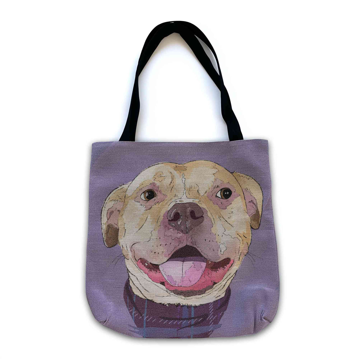A woven tote bag with black shoulder straps featuring a custom illustrated dog portrait of a smiling tan dog wearing a plaid bandana set against a subtle textured lavender background printed on the side of the bag, shown on a clean white background. 