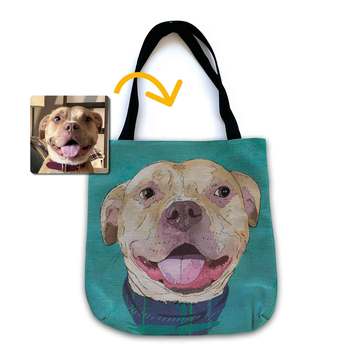 A woven tote bag with black shoulder straps featuring a custom illustrated dog portrait of a smiling tan dog wearing a plaid bandana set against a subtle textured teal background printed on the side of the bag, shown on a clean white background. A small inset photo of the dog appears in the upper left with a yellow arrow pointing to the bag design, indicating the custom design was drawn from the photo.