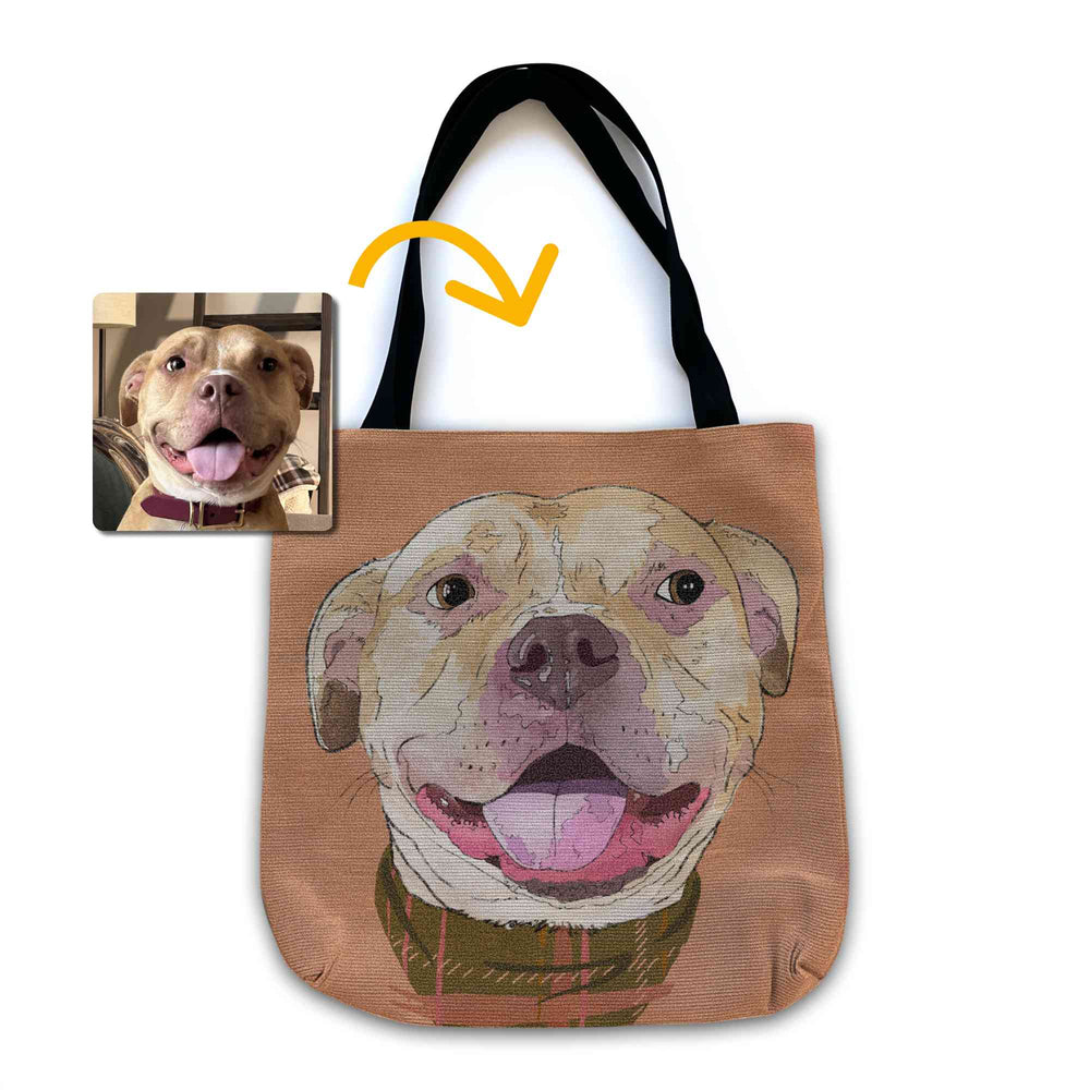 A woven tote bag with black shoulder straps featuring a custom illustrated dog portrait of a smiling tan dog wearing a plaid bandana set against a subtle textured orange background printed on the side of the bag, shown on a clean white background. A small inset photo of the dog appears in the upper left with a yellow arrow pointing to the bag design, indicating the custom design was drawn from the photo.