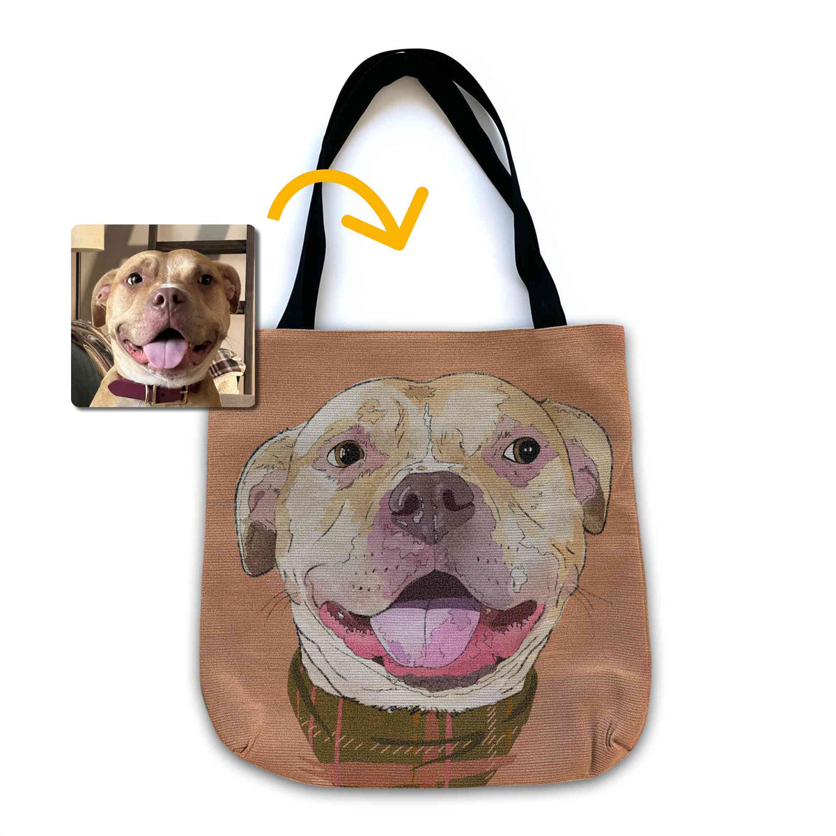 A woven tote bag with black shoulder straps featuring a custom illustrated dog portrait of a smiling tan dog wearing a plaid bandana set against a subtle textured orange background printed on the side of the bag, shown on a clean white background. A small inset photo of the dog appears in the upper left with a yellow arrow pointing to the bag design, indicating the custom design was drawn from the photo.