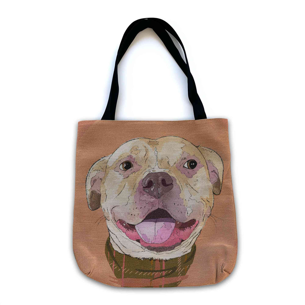 A woven tote bag with black shoulder straps featuring a custom illustrated dog portrait of a smiling tan dog wearing a plaid bandana set against a subtle textured orange background printed on the side of the bag, shown on a clean white background.