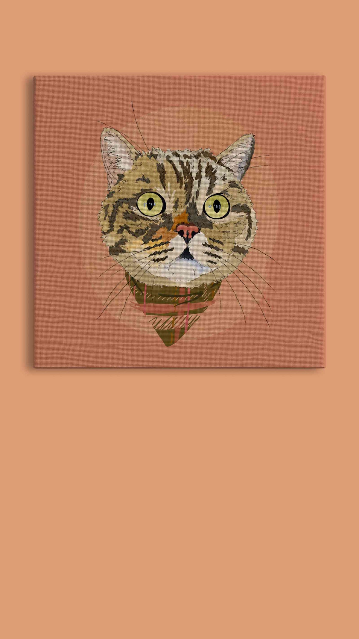 A square canvas featuring a custom illustrated cat portrait of a tabby cat wearing a plaid bandana set against a subtle textured orange circular background printed on the canvas, shown on an orange background. 