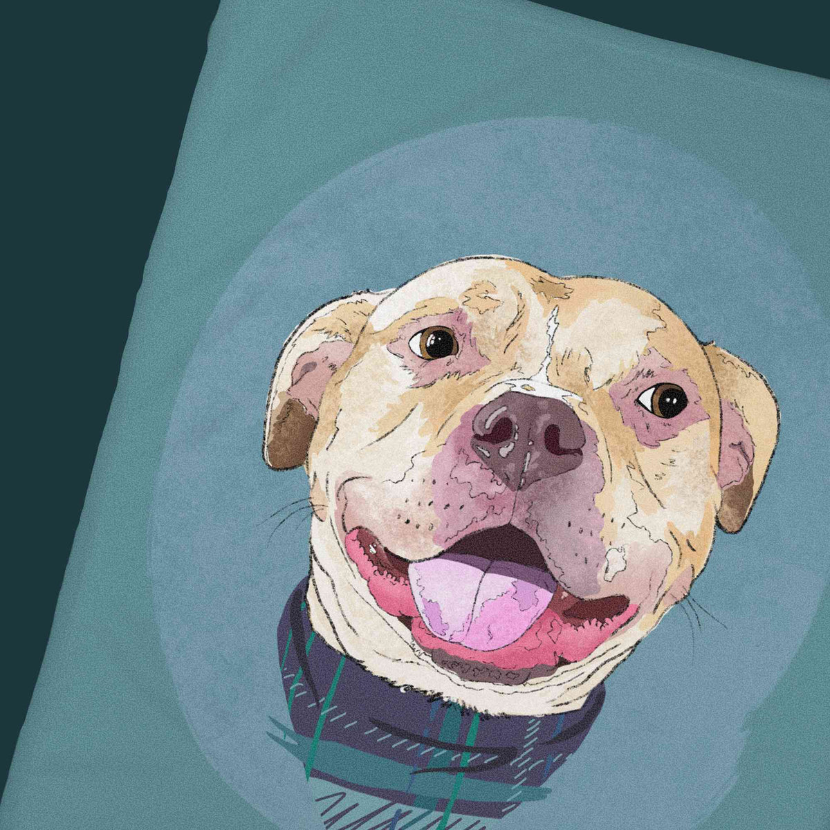 A close-up of a fleece blanket featuring a custom illustrated dog portrait of a smiling tan dog wearing a plaid bandana set against a subtle textured blue circular background printed on the blanket, shown on a clean white background. 