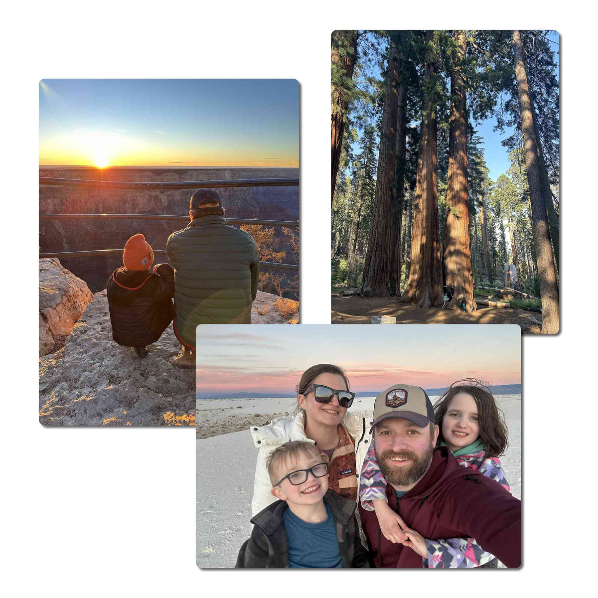 Three rectangular images arranged on a white background. The top-left image shows a sunset over the grand canyon with two people sitting and watching the horizon. The top-right image shows sequoia trees with a family at the bottom. The bottom image shows a family taking a selfie at the sand dunes at sunset.