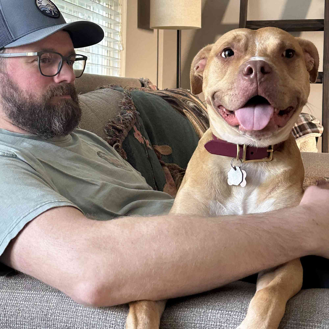 A smiling tan dog wearing a burgundy collar sits on a couch next to a bearded man wearing a gray cap and glasses in a cozy living room setting.